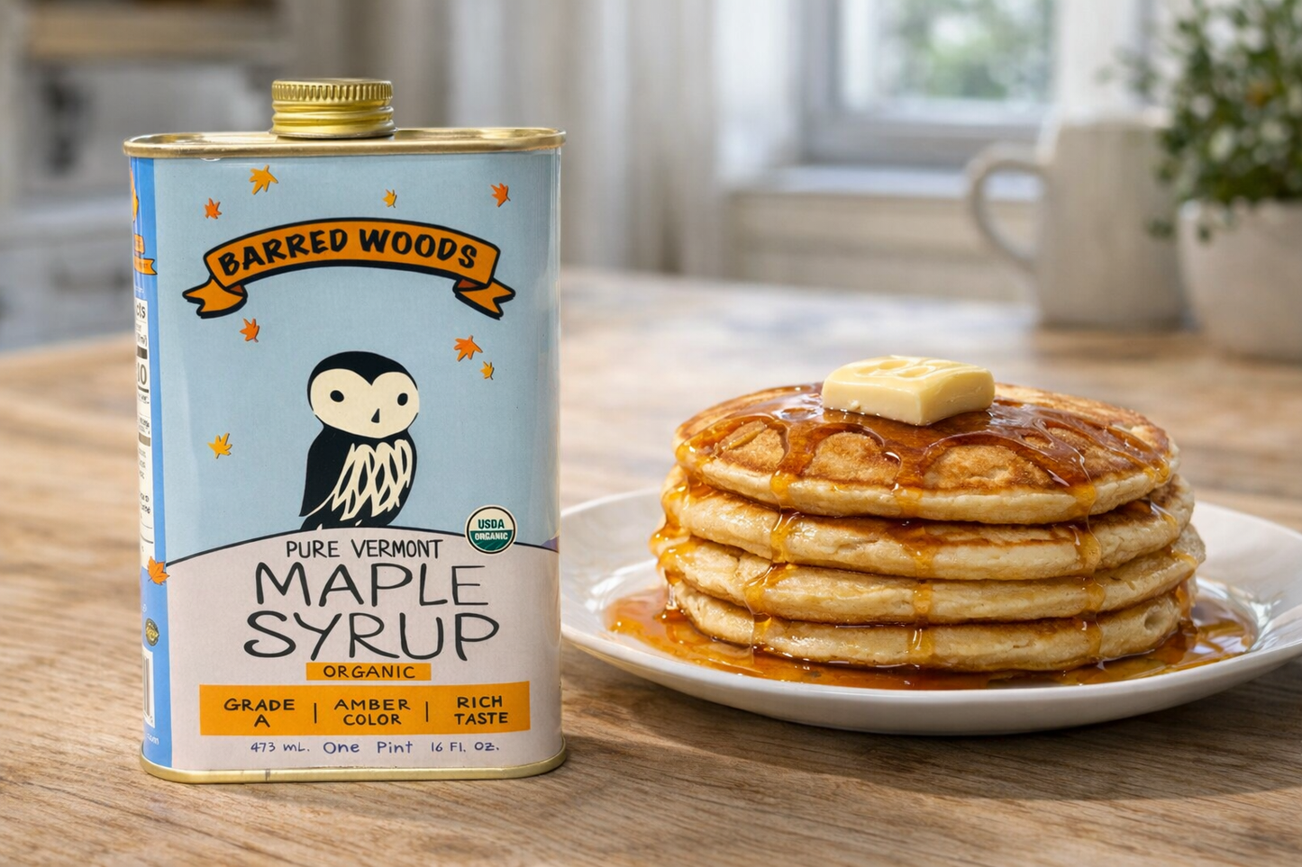 Pancakes and maple syrup.