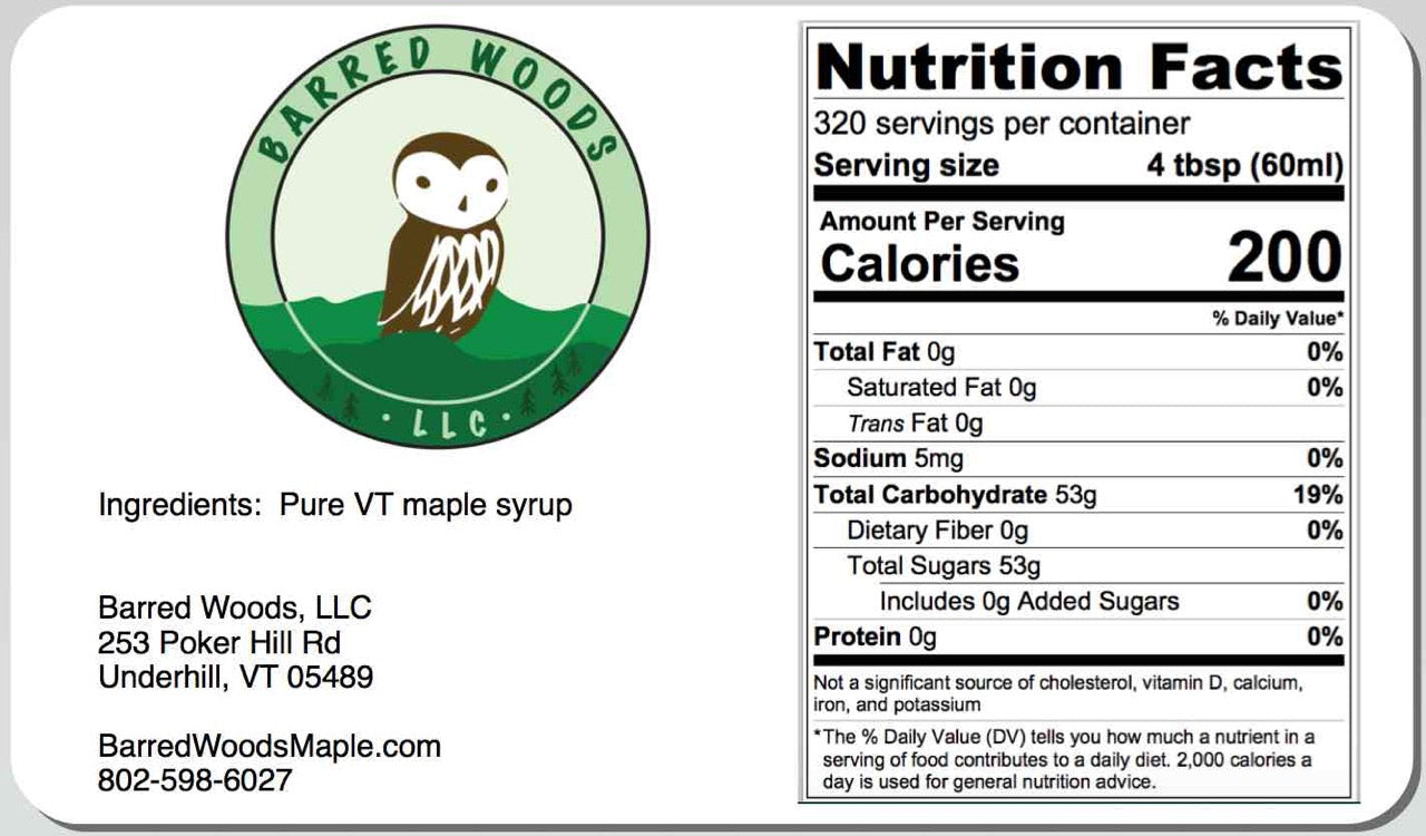 
                  
                    Bulk Maple Syrup Nutrition label, serving size, and servings per container for a 5 gallon pail of maple syrup
                  
                