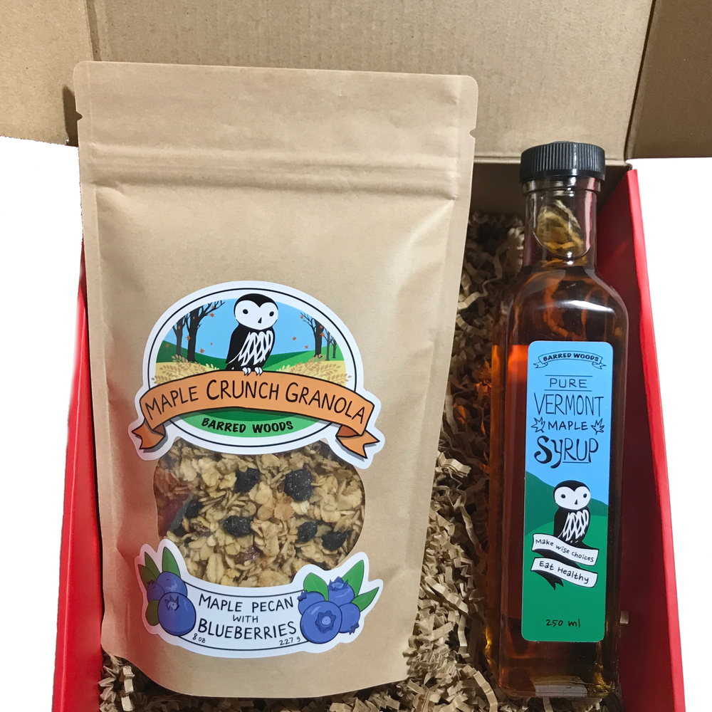 Maple Gift Box with 250ml Bottle of Maple Syrup and an 8 oz Bag of Maple Crunch Granola - Medium Red Gift Box - Barred Woods Maple
