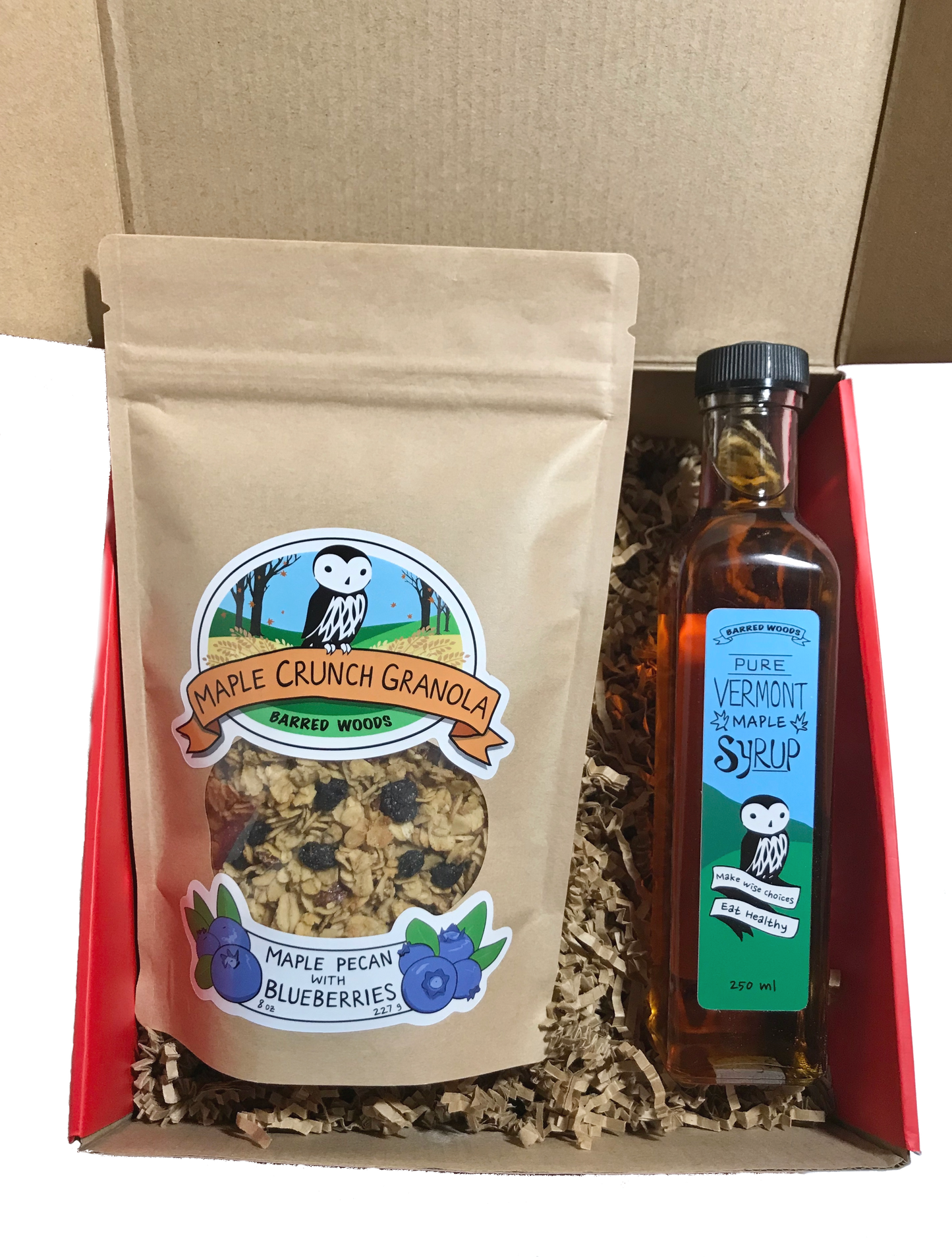 Maple Gift Box with 250ml Bottle of Maple Syrup and an 8 oz Bag of Maple Crunch Granola - Medium Red Gift Box - Barred Woods Maple