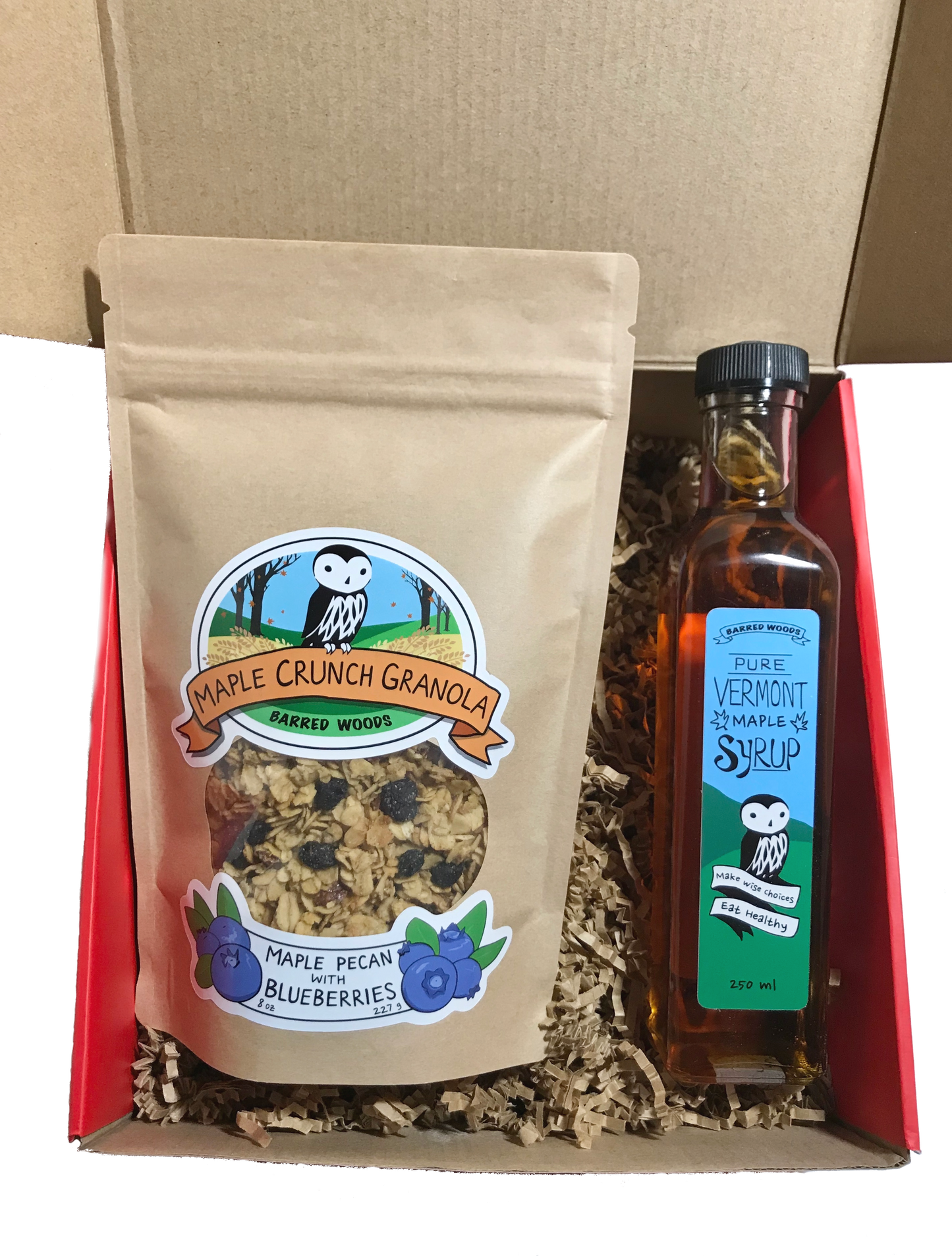 
                  
                    Maple Gift Box with 250ml Bottle of Maple Syrup and an 8 oz Bag of Maple Crunch Granola - Medium Red Gift Box - Barred Woods Maple
                  
                