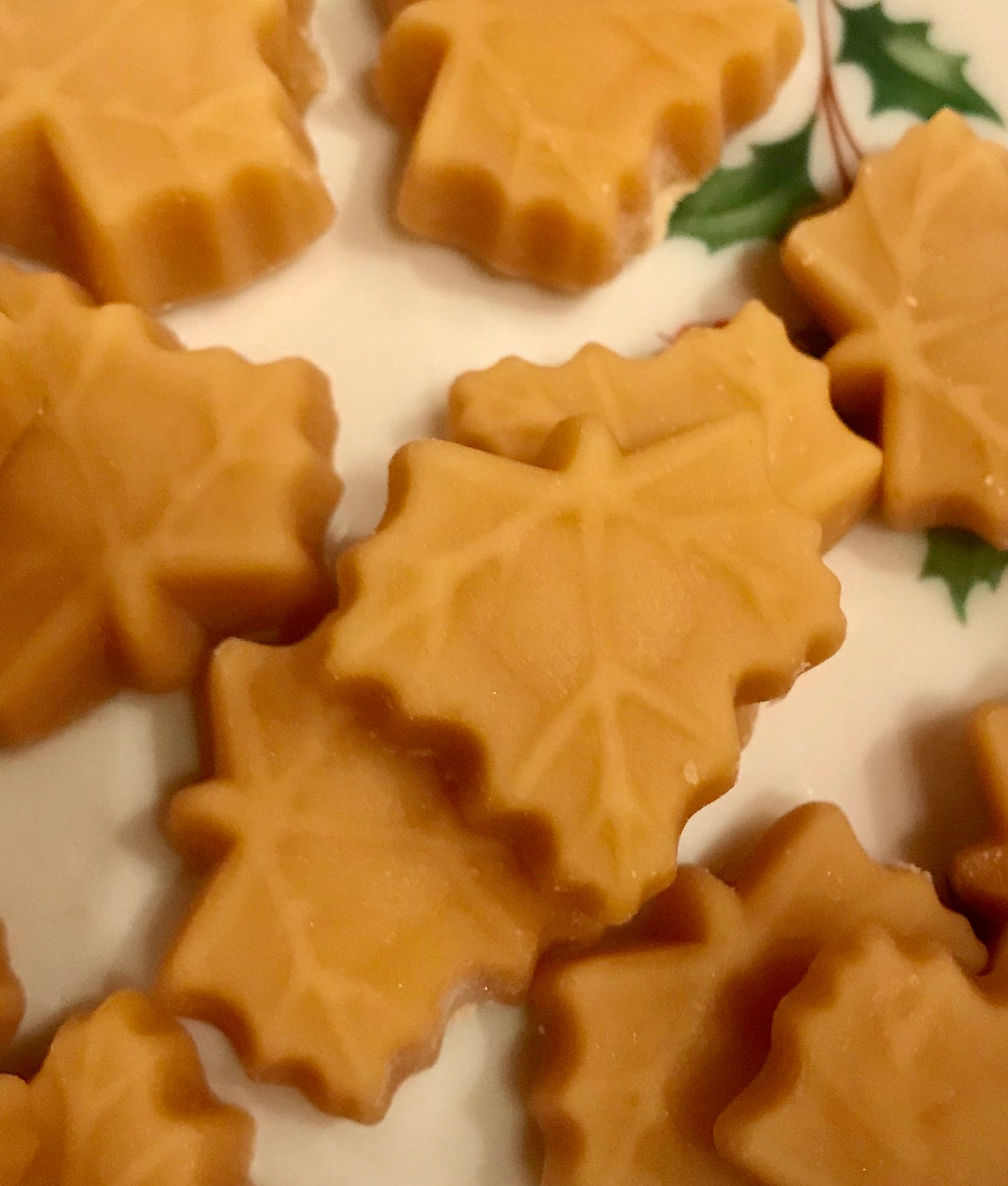 A close-up of our maple sugar candy. The candy is made in maple leaf shapes. 