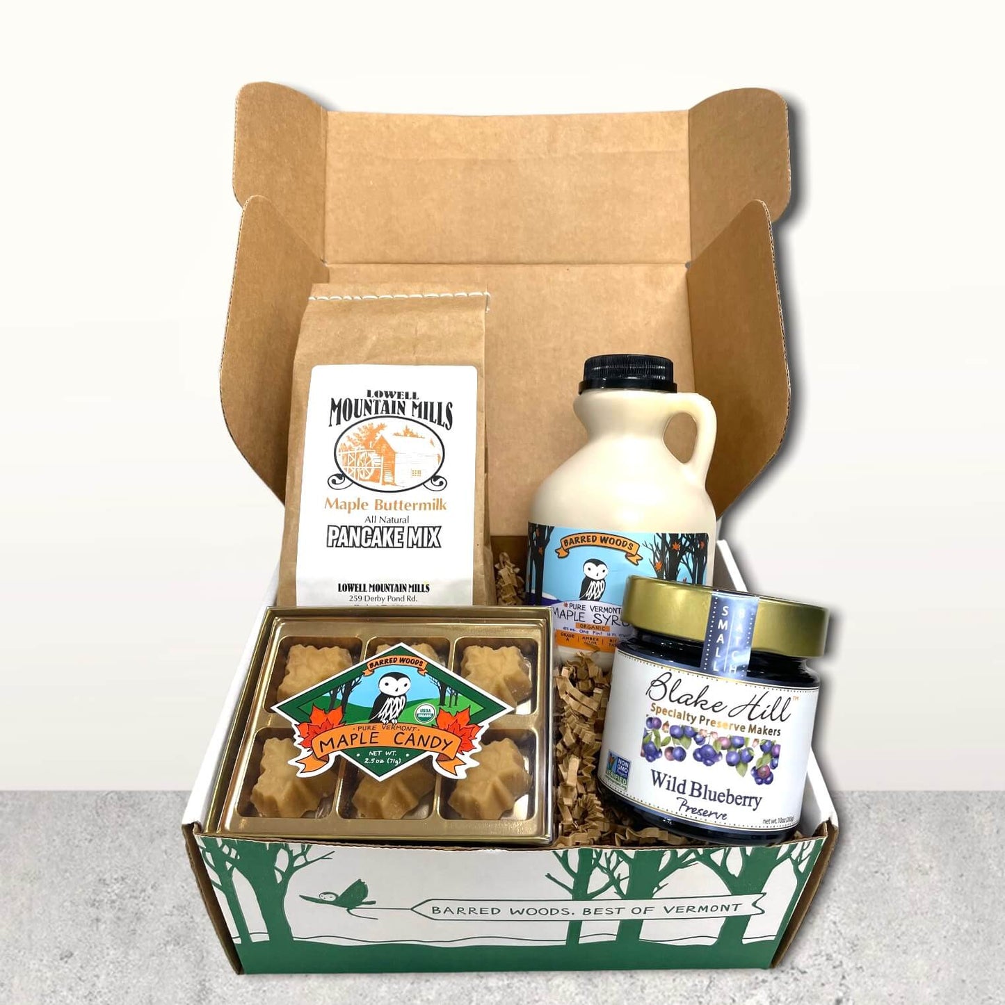 
                  
                    Taste of Vermont Gift Box. Pancakes, Maple Syrup, and Blake Hill Blueberry Preserve
                  
                