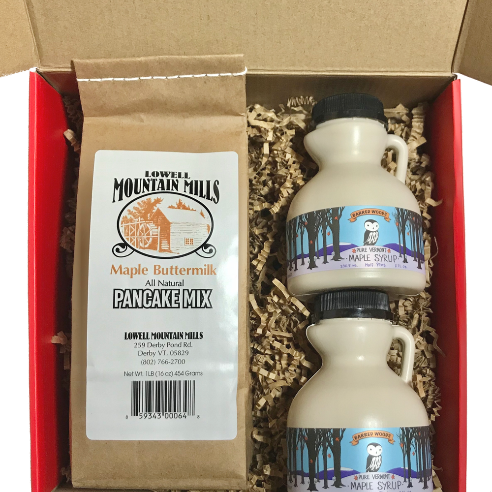 Maple Gift Box with two 8 oz Jugs of Syrup (one Amber Grade and one Dark Grade) and Pancake Mix - Medium Red Gift Box - Barred Woods Maple