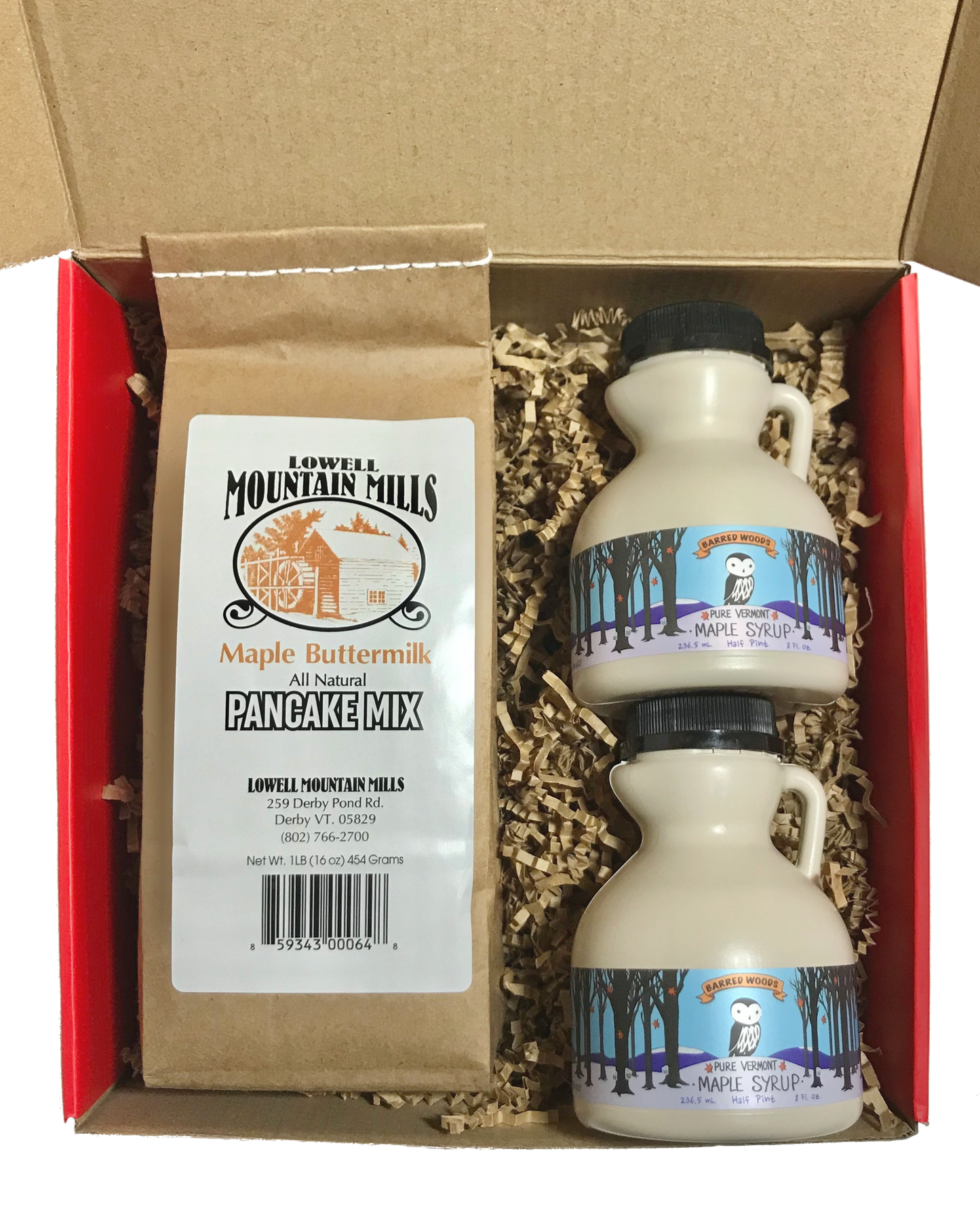 Maple Gift Box with two 8 oz Jugs of Syrup (one Amber Grade and one Dark Grade) and Pancake Mix - Medium Red Gift Box - Barred Woods Maple