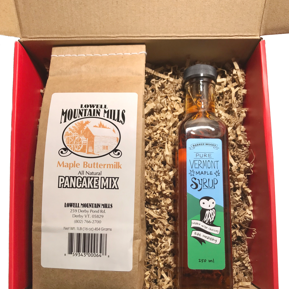 Maple Gift Box with 250ml Bottle of Vermont Maple Syrup and Pancake Mix - Medium Red Gift Box - Barred Woods Maple