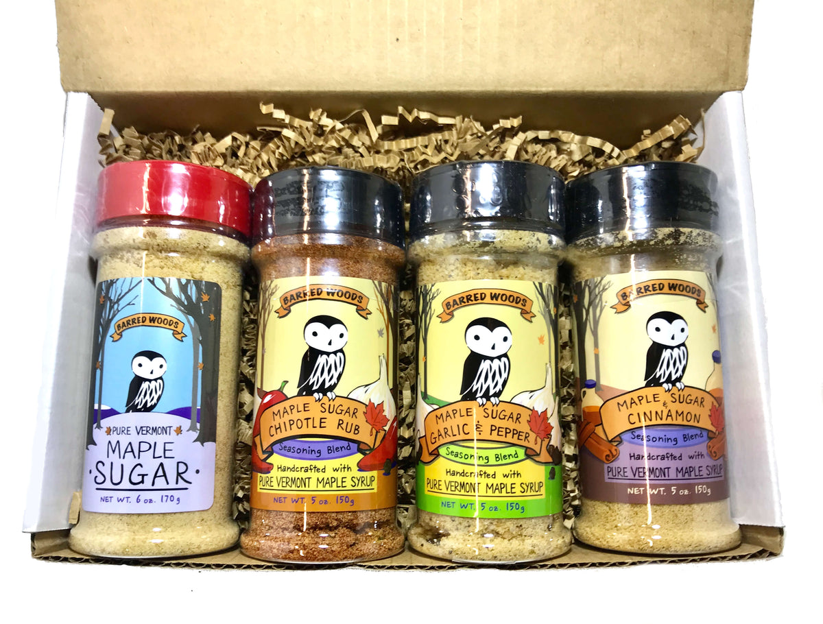 Maple seasonings Vermont gift box. Can be used as a spice gift box and as a bbq gift box.