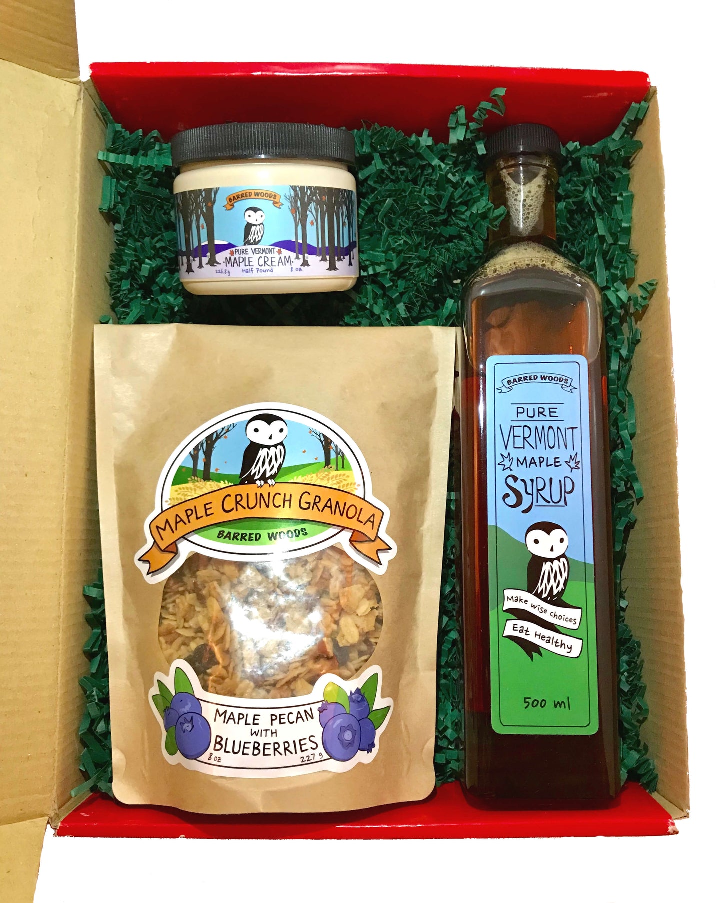 vermont gift box containing maple syrupand vermont maple cream